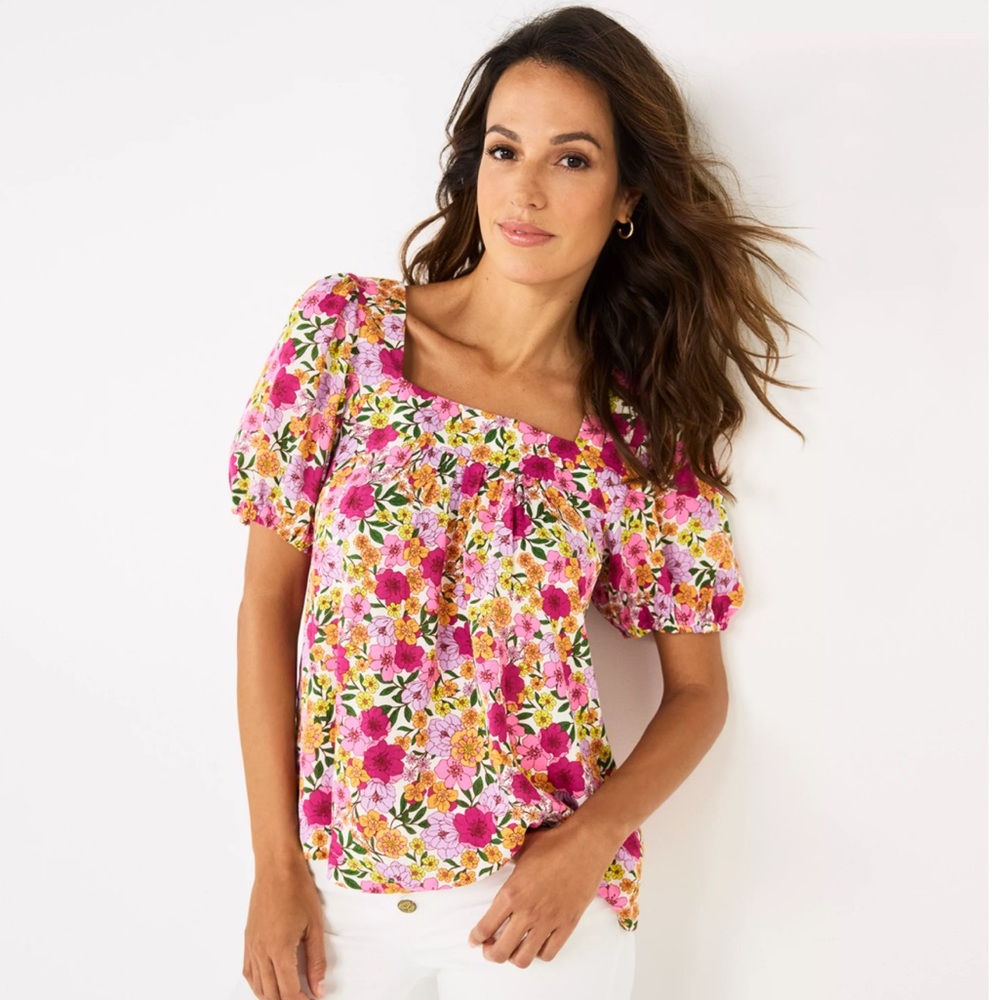 Draper James Square Neck Puff Short Sleeve bright colored floral top Medium